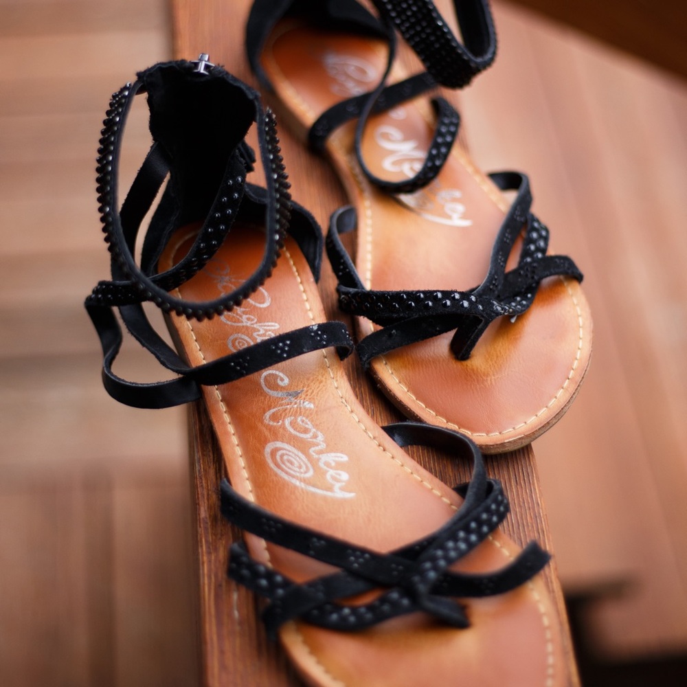 Black and Tan Naughty Monkey Bejeweled Strappy Sandals, Size 10